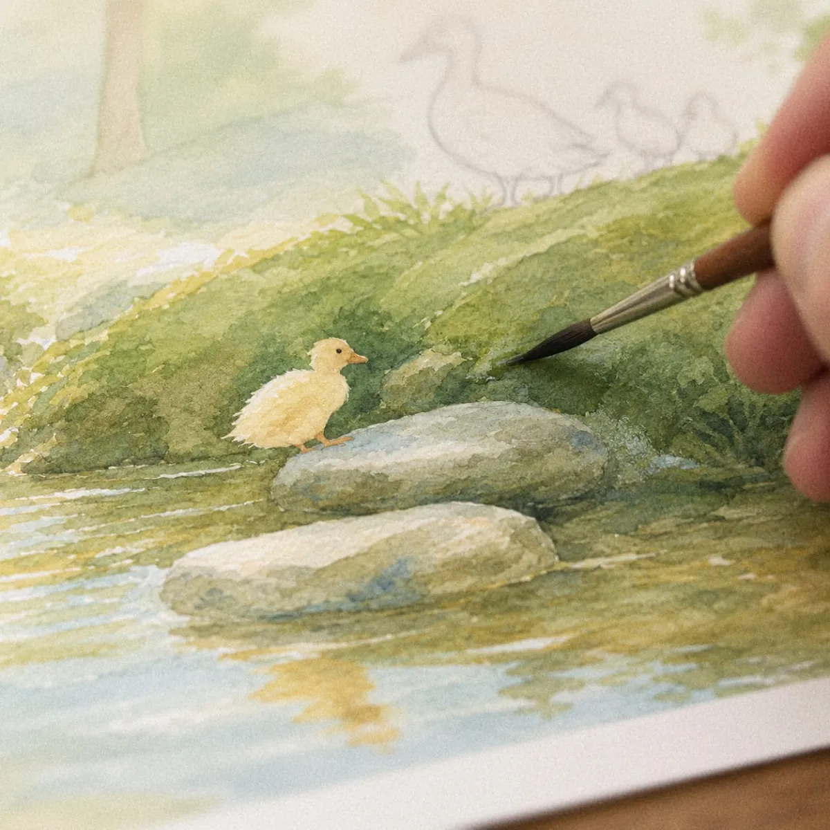 An illustration of a duckling by a stream being painted with a brush